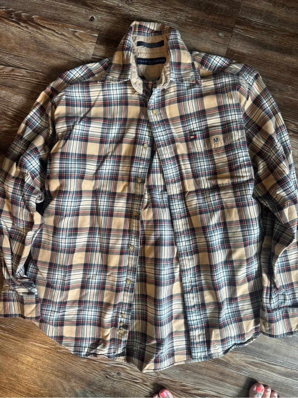 Tommy Hilfiger Men’s Beige Plaid Button-Down Shirt with Navy & Red Accents